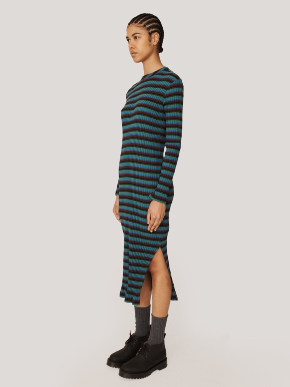 YMC Raindrops Dress Long Sleeve‎ Knit Stripe Midi Rib Womens Size S